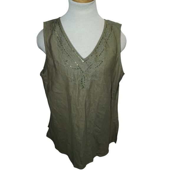 Bill Blass Jeanswear Green Beaded Linen Blend Sleeveless Top Women’s XL - Picture 1 of 6
